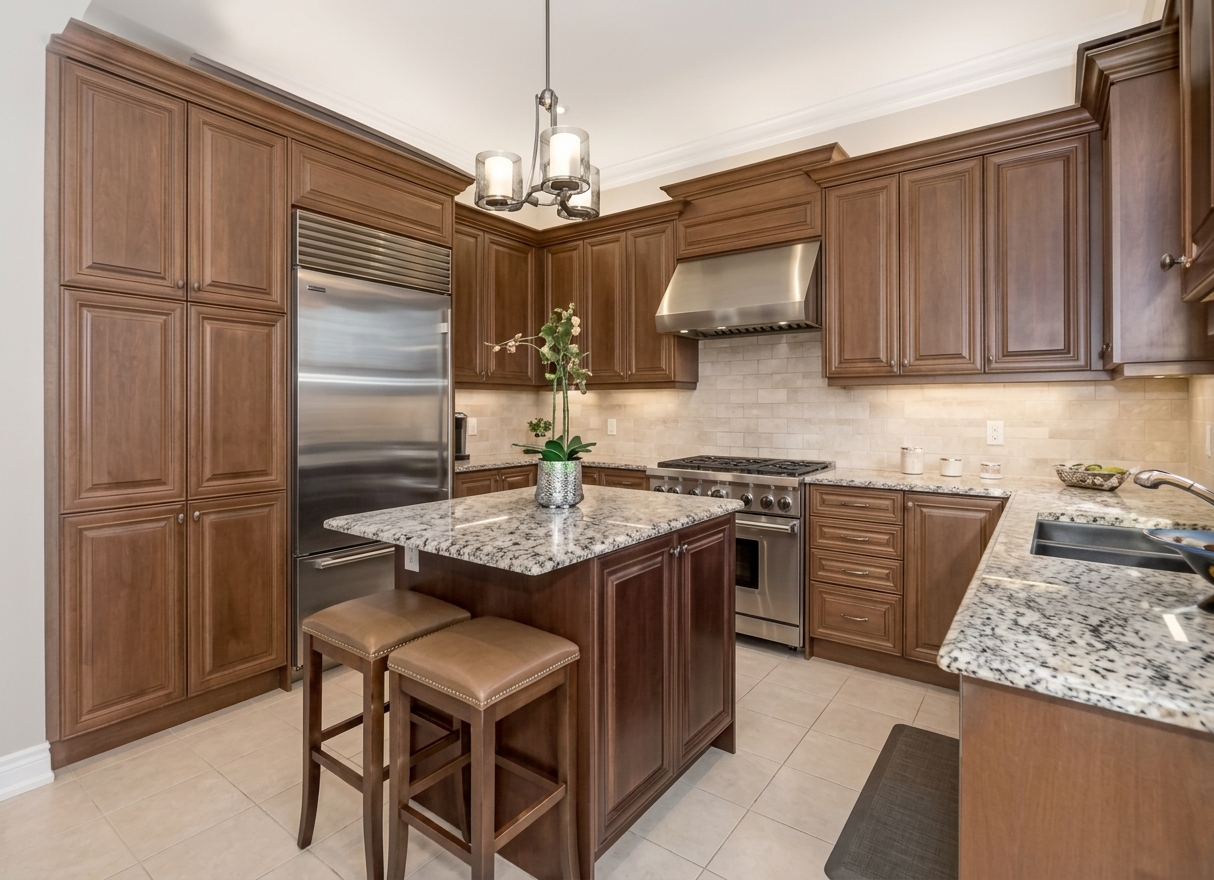 Kitchen with brown cabinets before refinishing