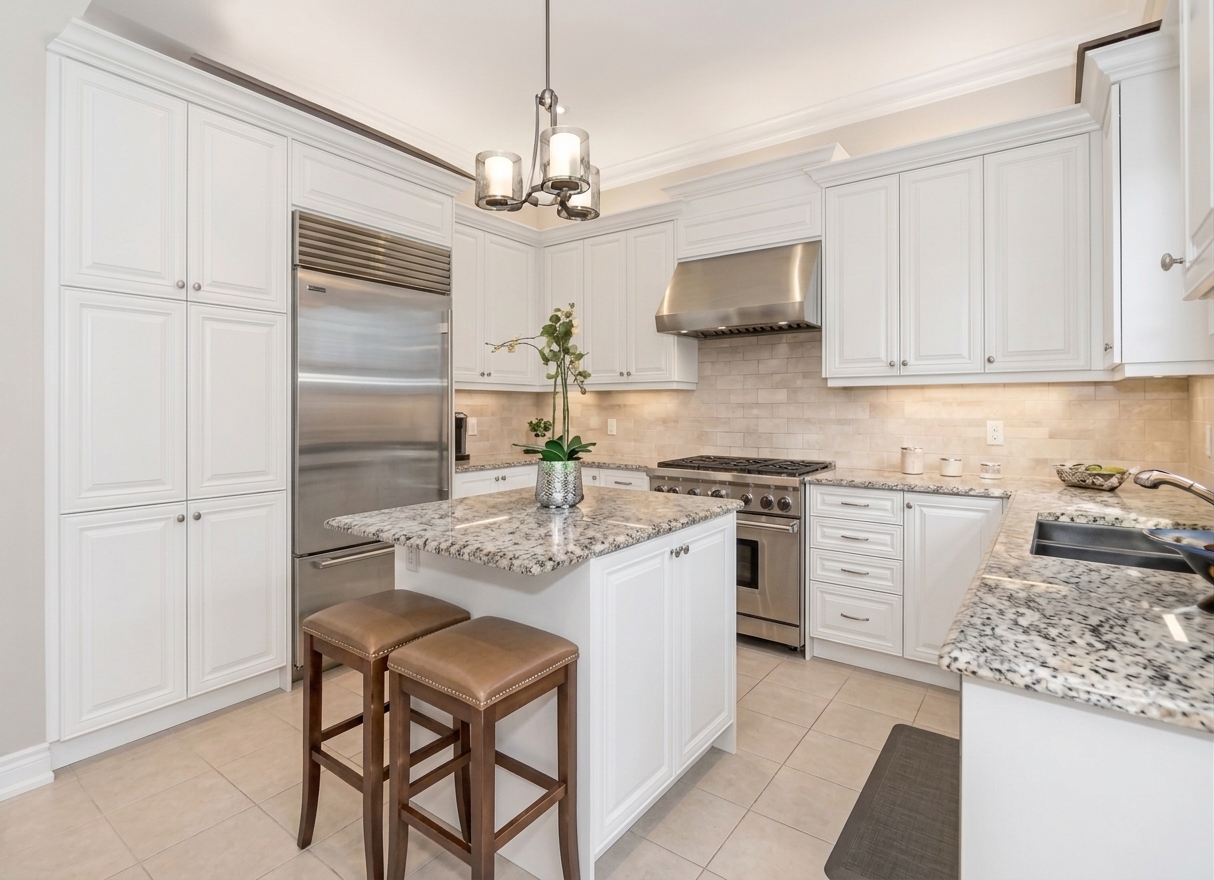 Same kitchen with bright white cabinets after refinishing